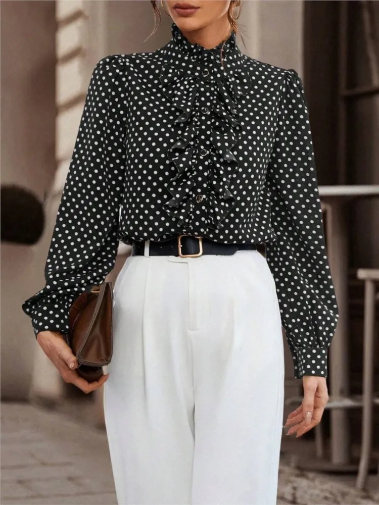 Fashion Polka Dot Print Ruffle Women Blouses Tops Elegant Office Lady Casual 2024 Spring Autumn Long Sleeve Button Shirt Top