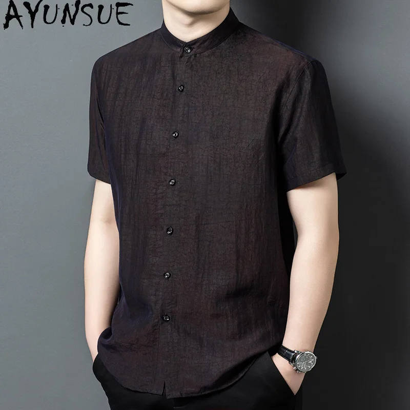 AYUNSUE 100% Real Mulberry Silk Shirt Man Luxury Summer 2025 Gauze Silk Short Sleeve Tops High-end Men's T Shirts chemise hommes