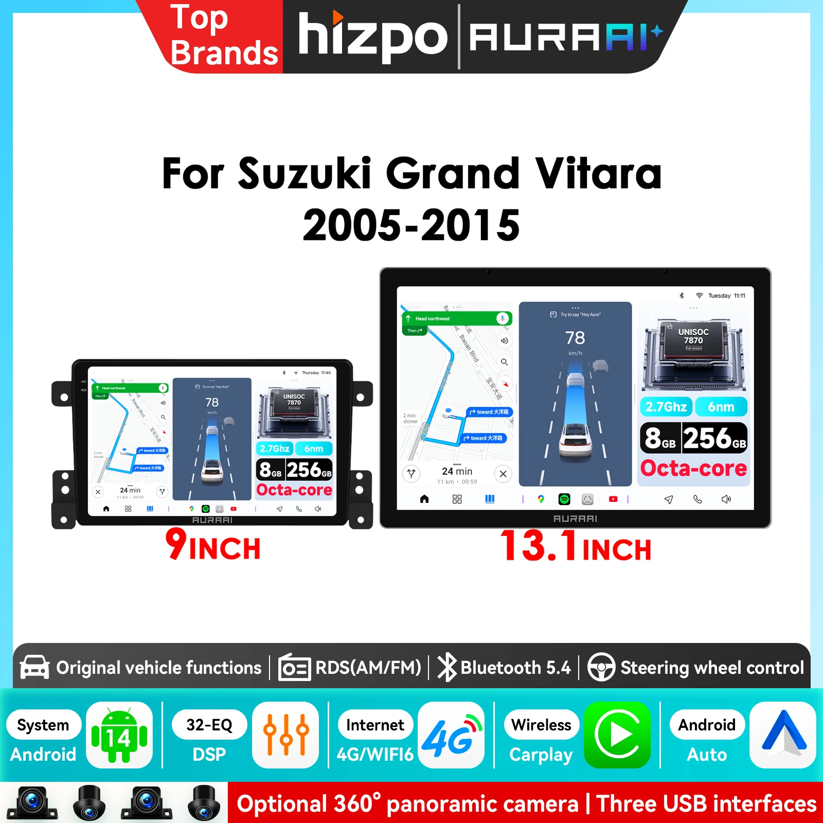 Autoradio Android 2 Din pour Suzuki Grand Vitara 3 2005-2010 2011-2015 Lecteur multimédia GPS Carplay Android Auto WIFI