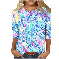 2024 new spring three quarter Sleeve Shirts For Women Cute Print Graphic Tees Blouses Casual Plus Size Basic Tops Pullover