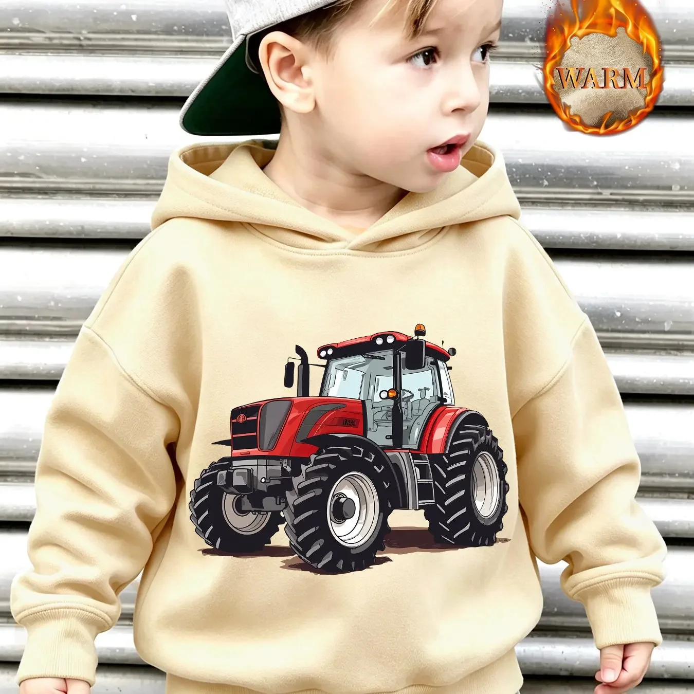 Boys' Autumn Winter Fashion Fleece-Lined Hooded Sweatshirt, Tractor Pattern Print Loose Casual Long Sleeve Hoodie