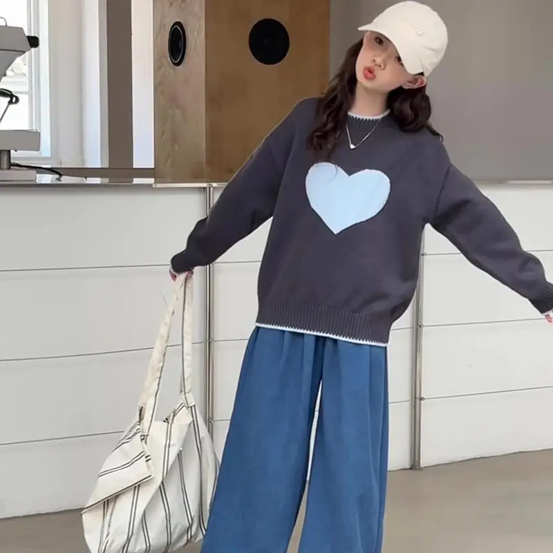 

Kawaii Girl Fashion Sweater Pants Set Student Spring and Autumn Casual Knitwear Tops Long Pants 2-Piece Set Children's Clothing