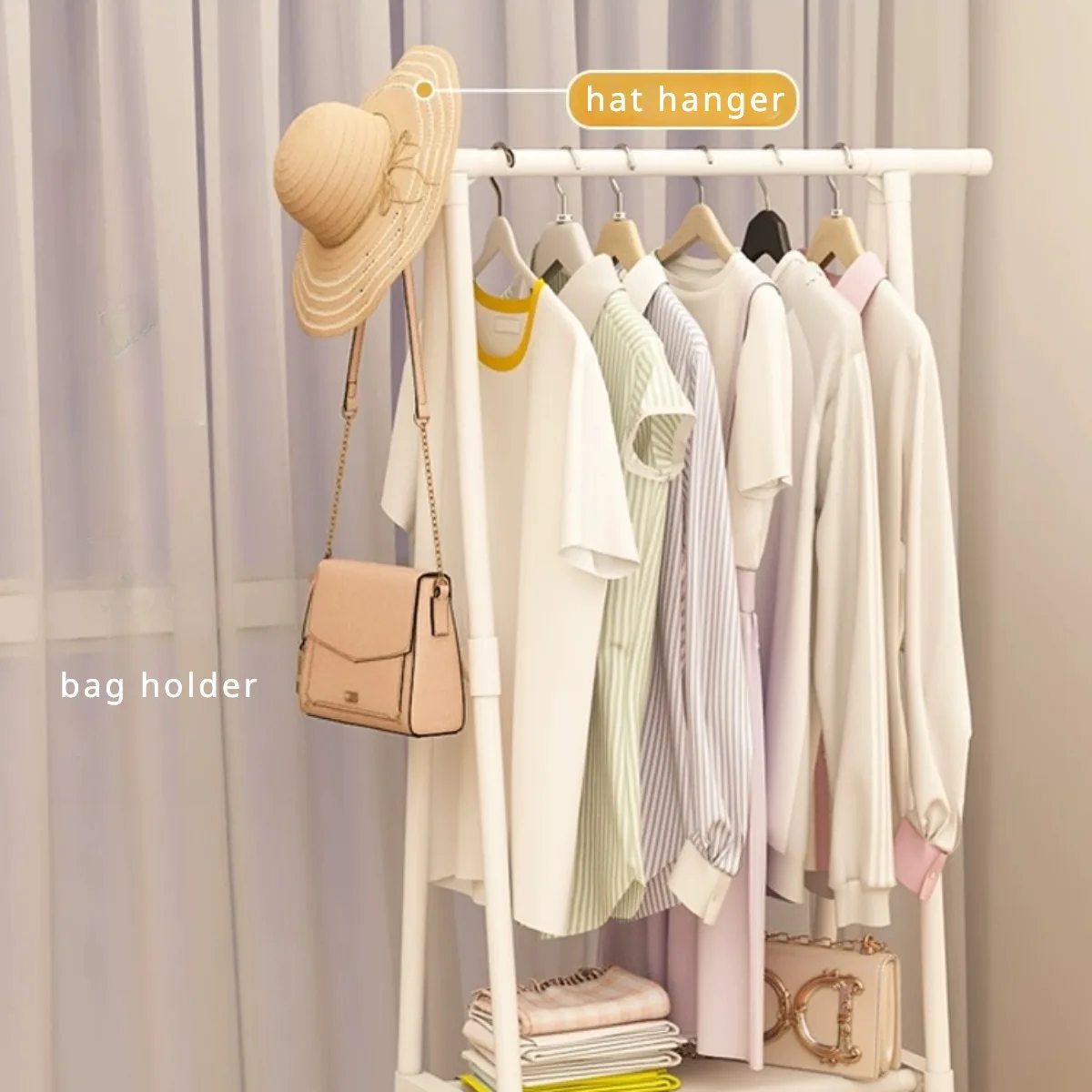 Movable Clothing Rack Stand Metal Floor Standing Cloth Coat Hanger Hat Handbag Purse Organizer Rack Clothing Storage Organizer