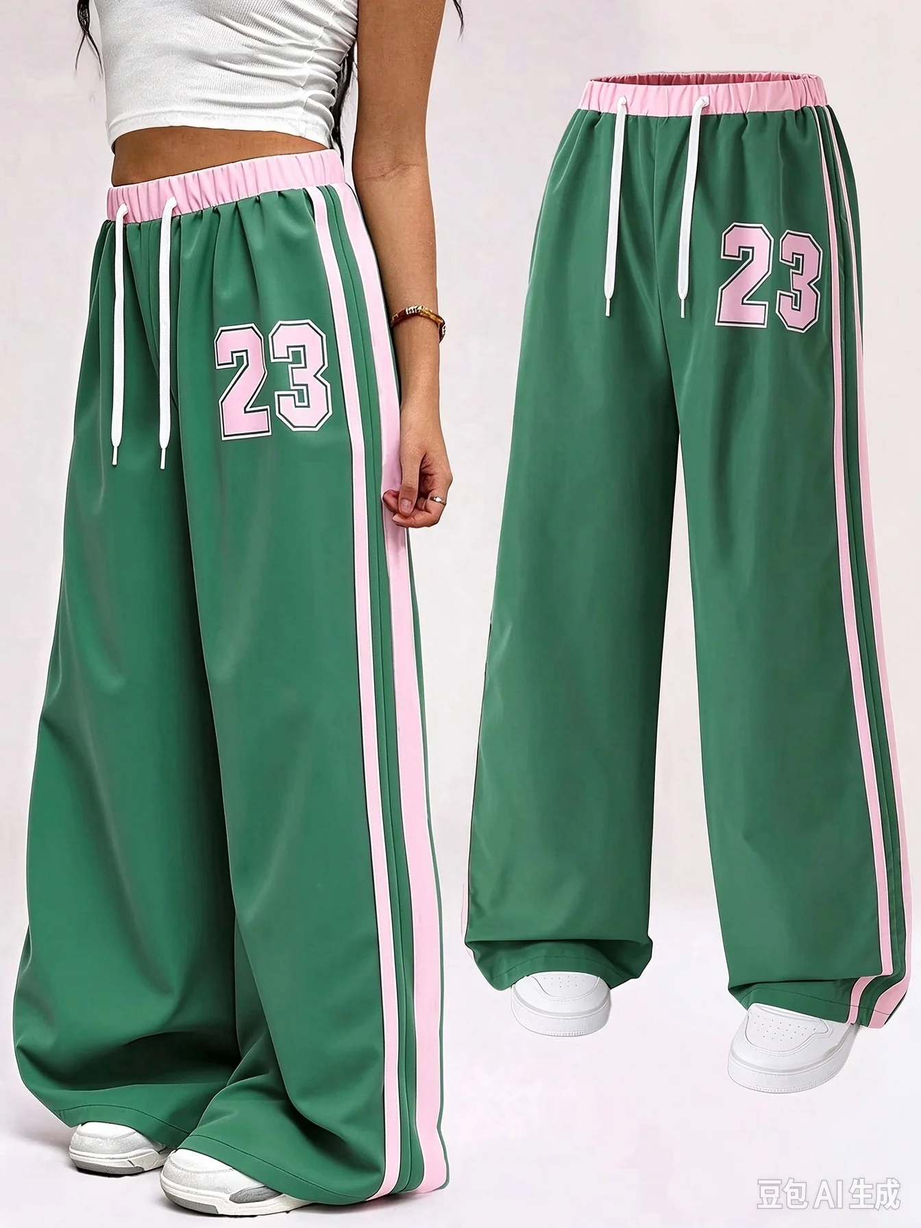 23 Number Print Wide Leg Track Pants Pink Green Contrast Color Striped Loose Waist Casual Streetwear Basketball Trousers Unisex