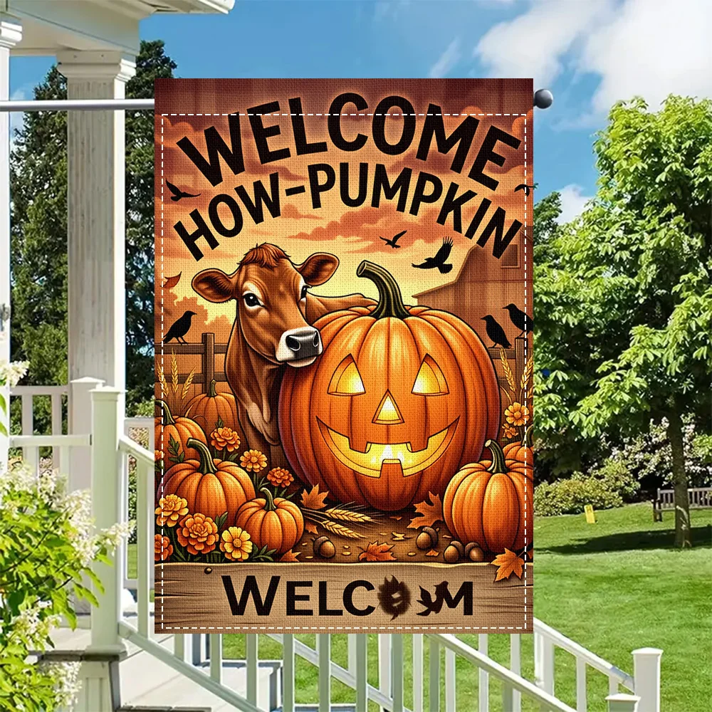1PC Pumpkin Cow Garden Flag, Duplex Print, Perfect for Farmhouse Yard and Halloween Outdoor Decoration (Pole Not Included)