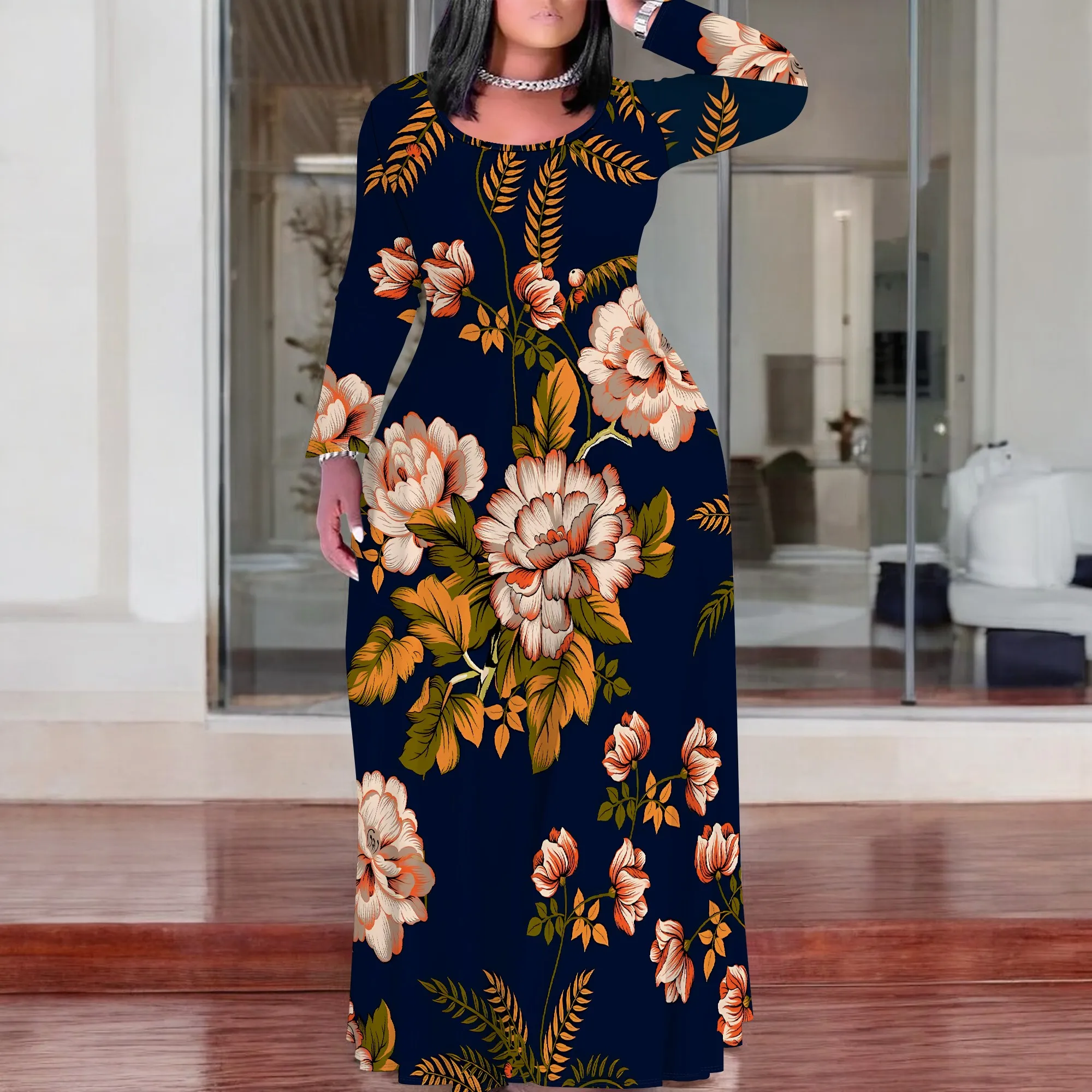 

Women's Black Floral Plus-Size Long-Sleeve Printed Tie Dress Polyester A-Line Knee Casual Fall Elegant