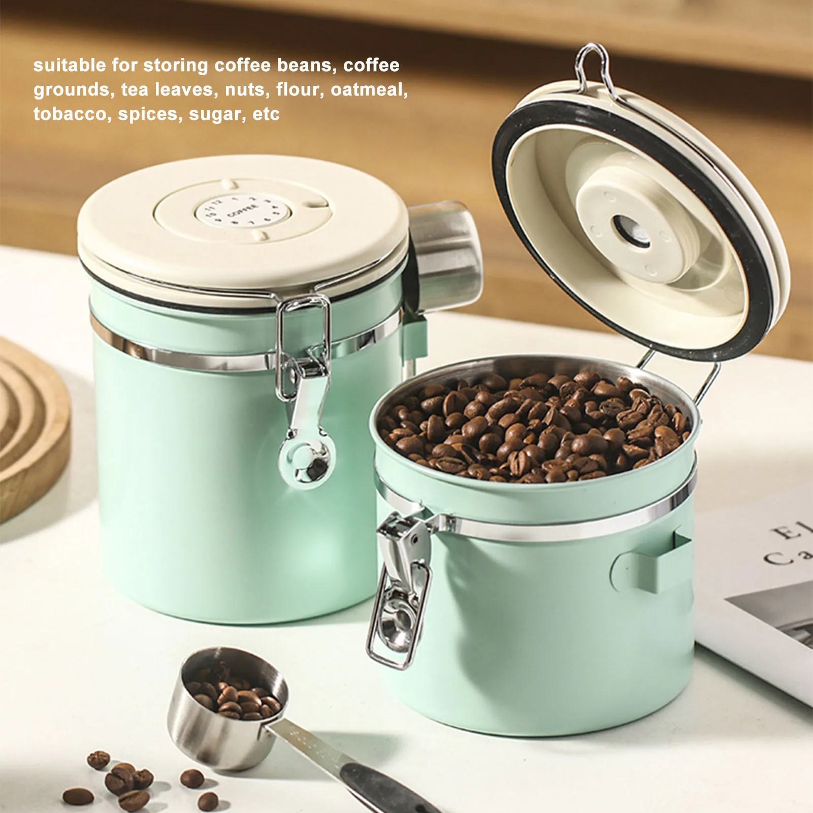 

ZK40 Coffee Canister Mint Green Food Grade Stainless Steel Airtight Coffee Container with Scoop Date Wheel for Tea Nuts