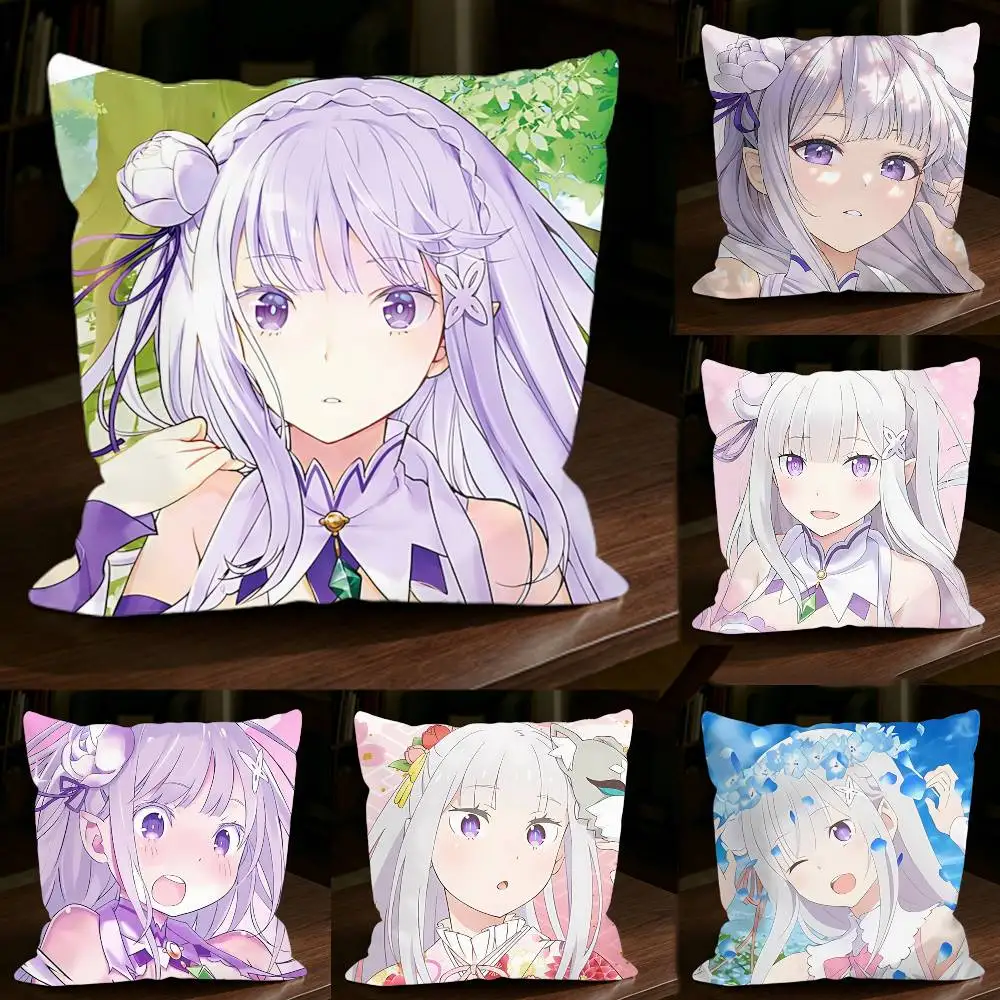 

Re-ZERO Season4 Emilia Anime Square Sofa Pillow Cover Solid Color Living Room Home Decor Cushion Case