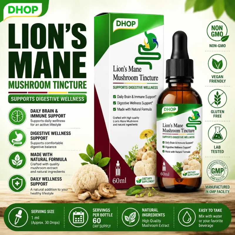 Lion’s Mane Mushroom Tincture Liquid Drops Vegan Non GMO Mushroom Extract Brain & Digestive Wellness Support Supplement 60ml