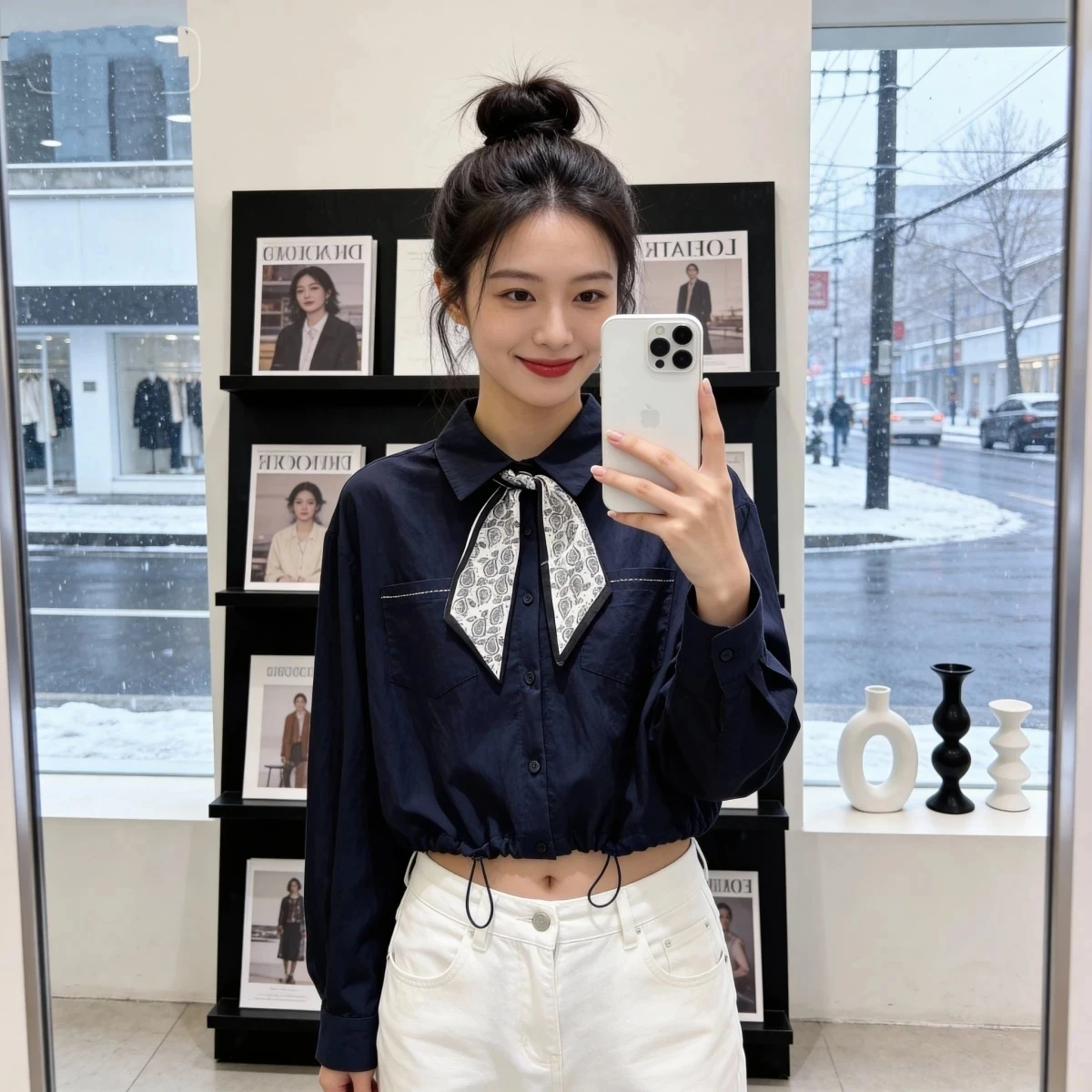 

Korean Style Long Sleeve Short Shirt Women's Fashionable Slim Fit Shirt Turn-down Collar Waist-cinching Top Spring Autumn