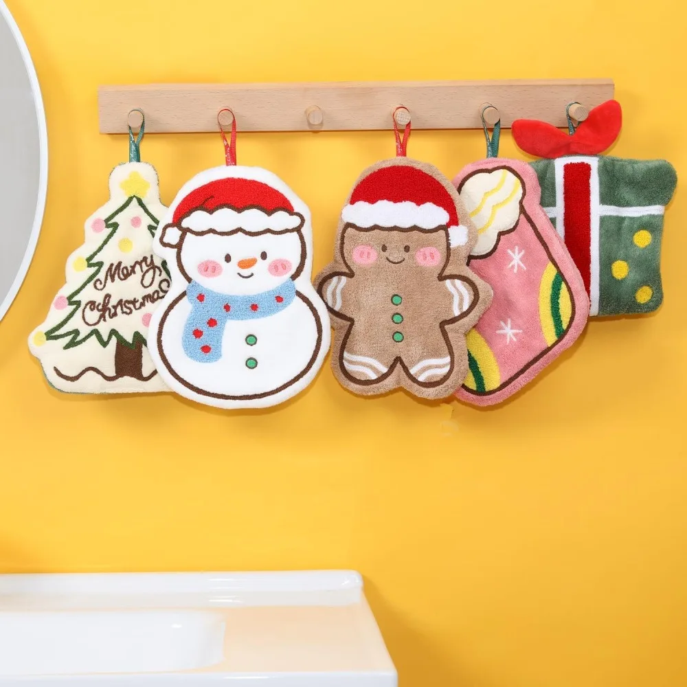 1 Pack Christmas Cute Cartoon Hand Towel, Super Absorbent Coral Velvet Hanging Wipe Hand Cloth, Festive Snowman/Gingerbread Man/Tree Gift Shaped Decorative Towel for Bathroom Kitchen Home Xmas Decor