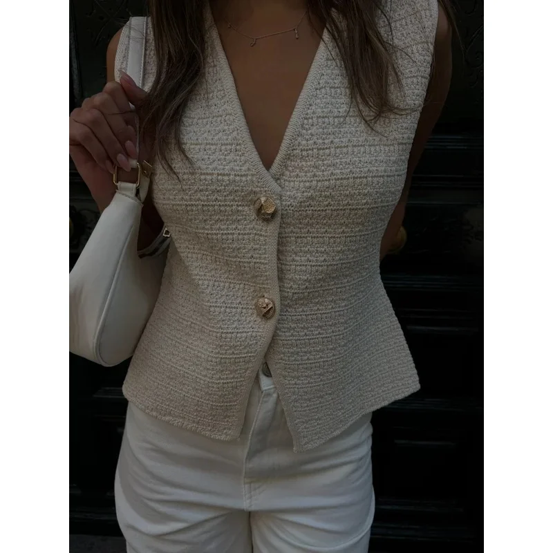 Elegant Chic Women's White Knitted Suit V-Neck Single Breasted Vest Mini Skirt Summer Fashion Office Wear for Ladies
