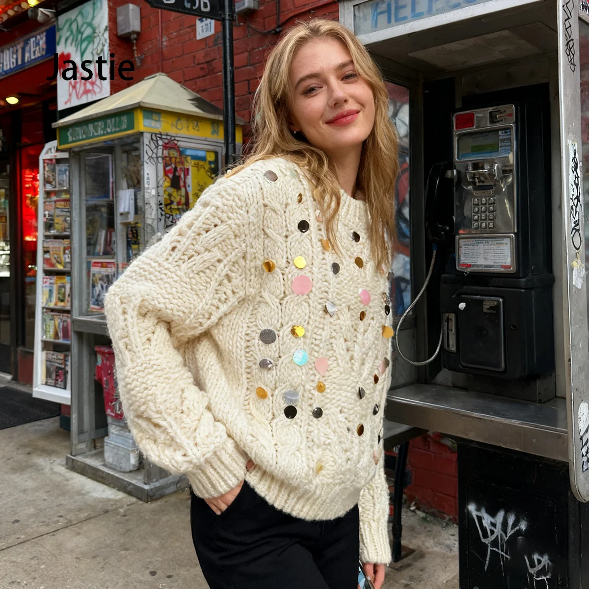 

Chunky Knitted Hollow Pattern Sequin White Knitted Sweater Retro Autumn And Winter Long-sleeve Round Neck Pullover Sweater Tops