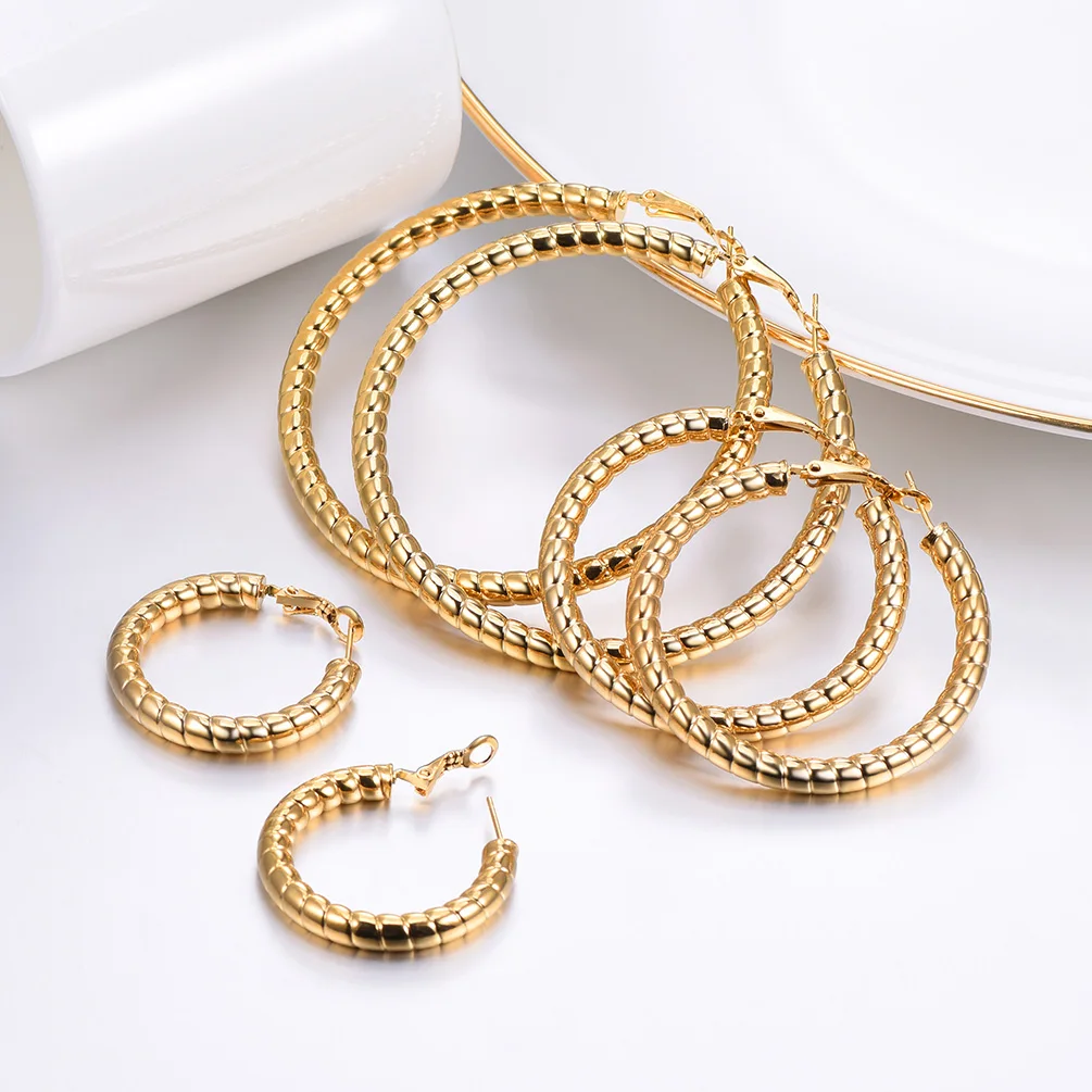 U7 25/40/70mm Round Hoop Earrings for Woman Lines Chain Pattern Hollow Out Circle Three Color Simple Design Female Jewelry QC24