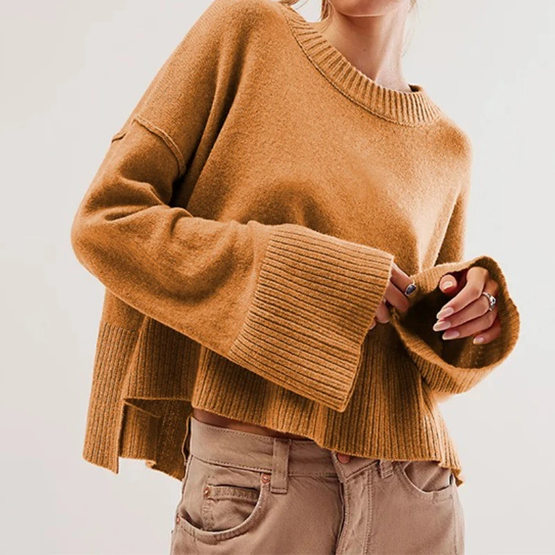 

2025 Autumn and Winter Solid Color Round Neck Trumpet Cuff Sweater Women's Fashion Commuter Sweater