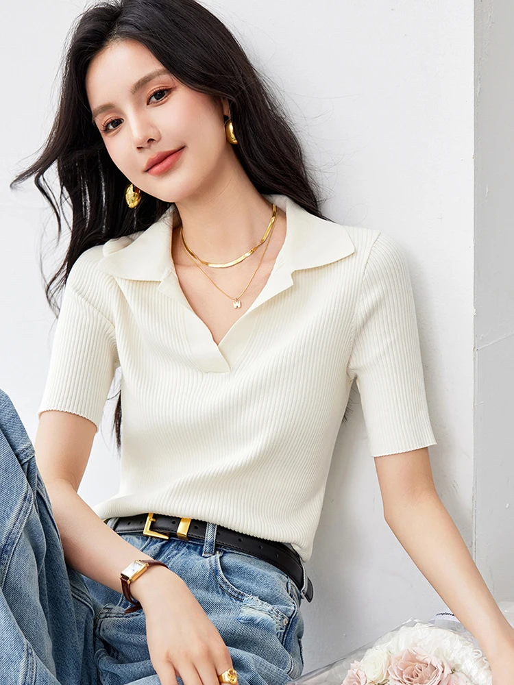 2024 Summer New Slim Lapel Knitted Sweater Bottoming Shirt Women\'s Short-sleeved V-neck Top