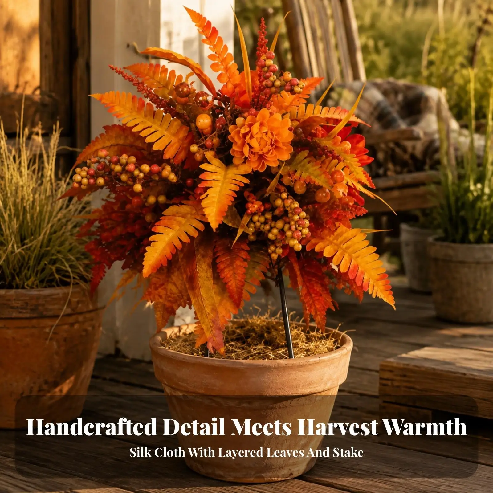 Handmade Fall Foliage Ground Stake with Maple Leaves and Berries for Garden Decoration Outdoor Seasonal Display