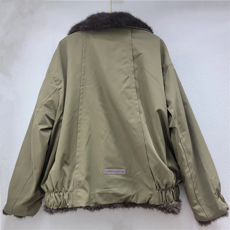 HKSH Winter New Women Short Warm Jacket Faux Fur Zipper Pockets Waist Cinching Streetwear Tide Thickened Reversible Coat HK13350