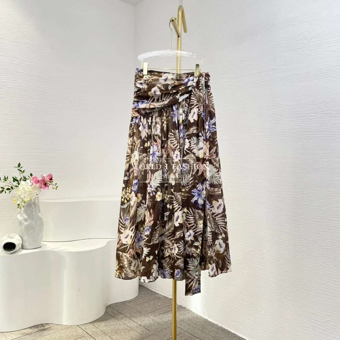 

Коричневая короткая блузка без рукавов с похилими плечами и бантом с цветочным принтом и юбка-миди, комплект 2025, новый дизайн