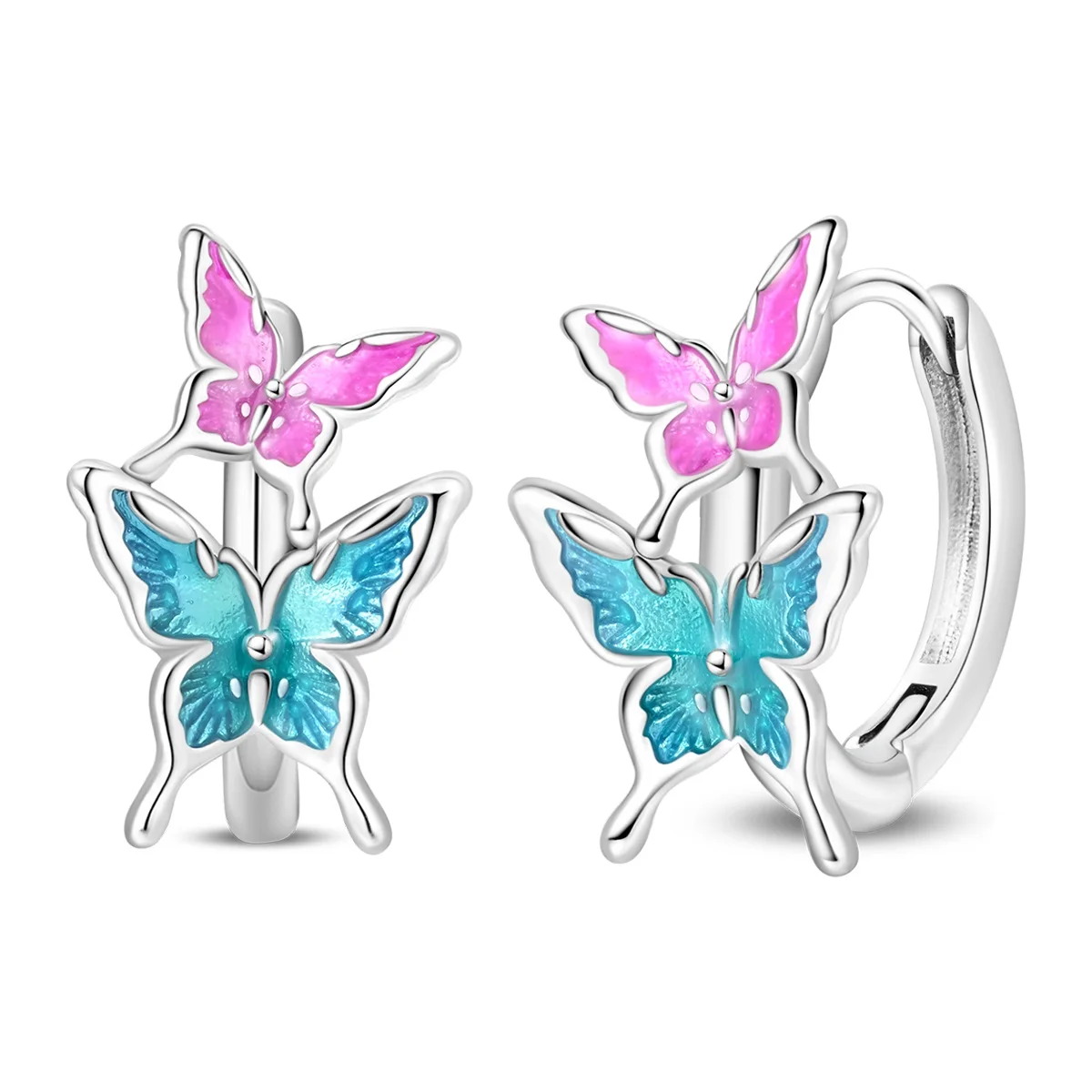 S925 Sterling Silver Pink‑Blue Gradient Enamel Twin Butterfly Huggie Hoop Earrings Colorful Insect Dangle Earring Jewelry Gift