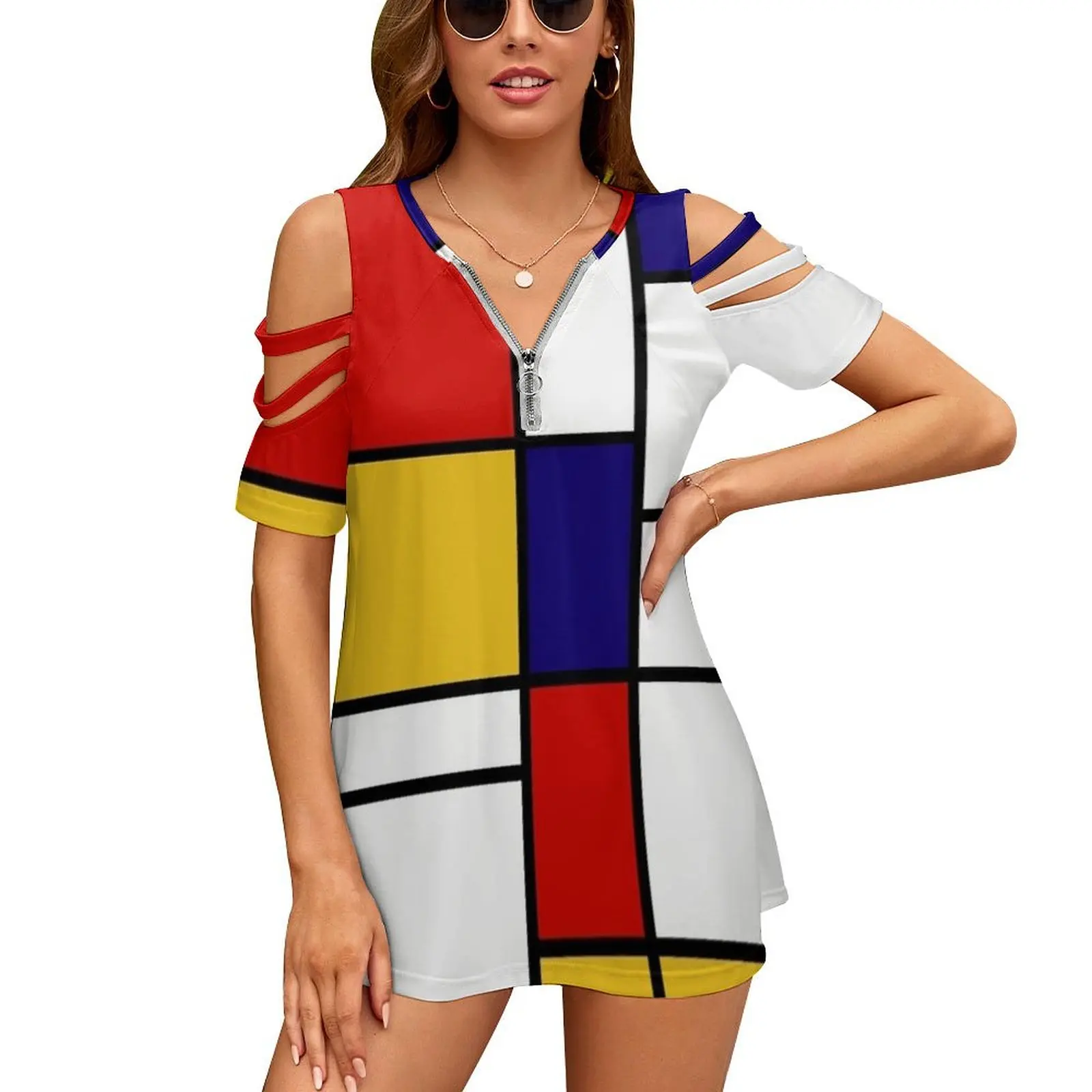 De Stijl #2 ( Mondrian Inspired ) Women'S T-Shirt New Fashion Printed Zipper V-Neck Short Sleeve T Shirts Casual Plus Size De