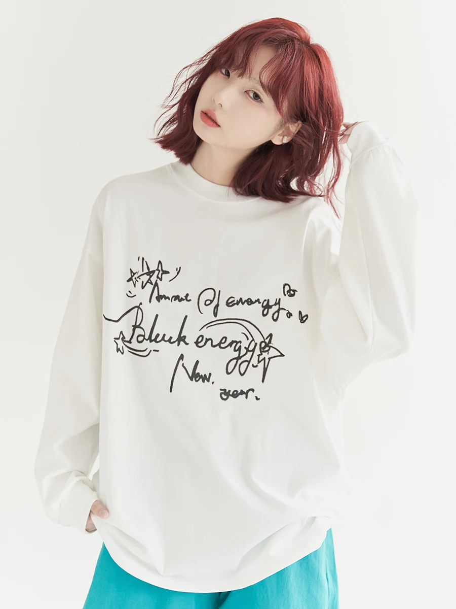 

Loose Long Sve T-irt Women's Casual Print round Ne Cotton Top Letter Pattern Autumn New Sle Comfortable Fit Tee
