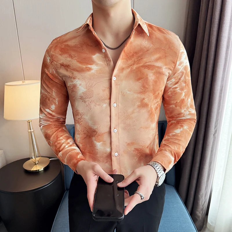 

Men's Shirts Korean Luxury Clothing Fashion Tie-Dye Long Sleeve Shirts Mens Clothing 2025 Slim Fit Print Tuxedo No Iron Required