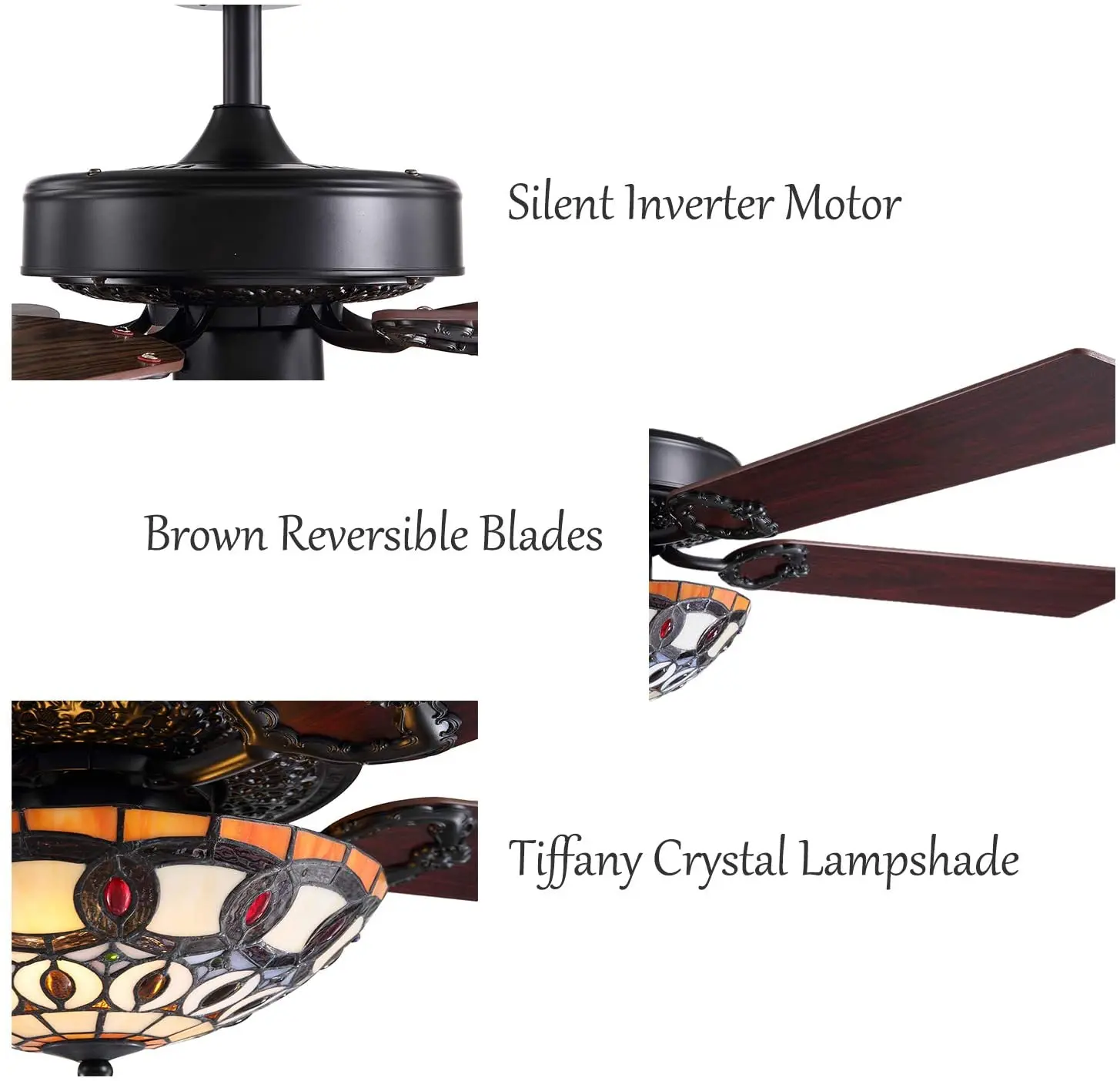 Retro Fandelier with Remote Reversible Black Wood Blades Tiffany Crystal Ceiling Fan Light for Dining Bedroom Living Room