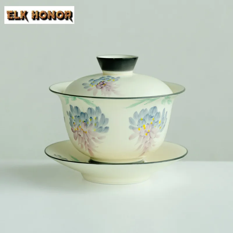 160ML Creative Hand Drawn Wisteria Pollen Gaiwan Retro Female Hand Grasping Bowl Tea Tureen Tea Maker Cover Bowl Drinkware Craft