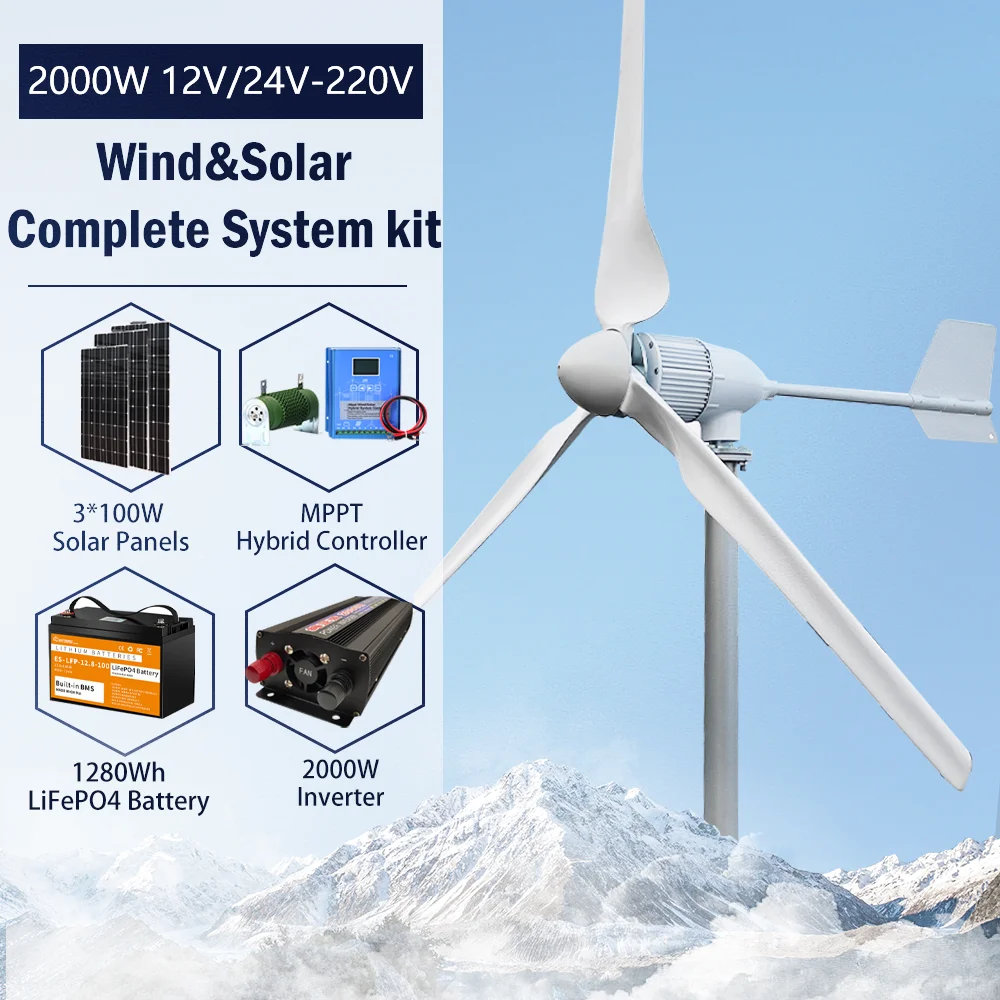 

3000W Horizontal Wind Turbine Generator Windmill With Free MPPT Charger Controller and Off Grid Inverter Solar Panels Battery