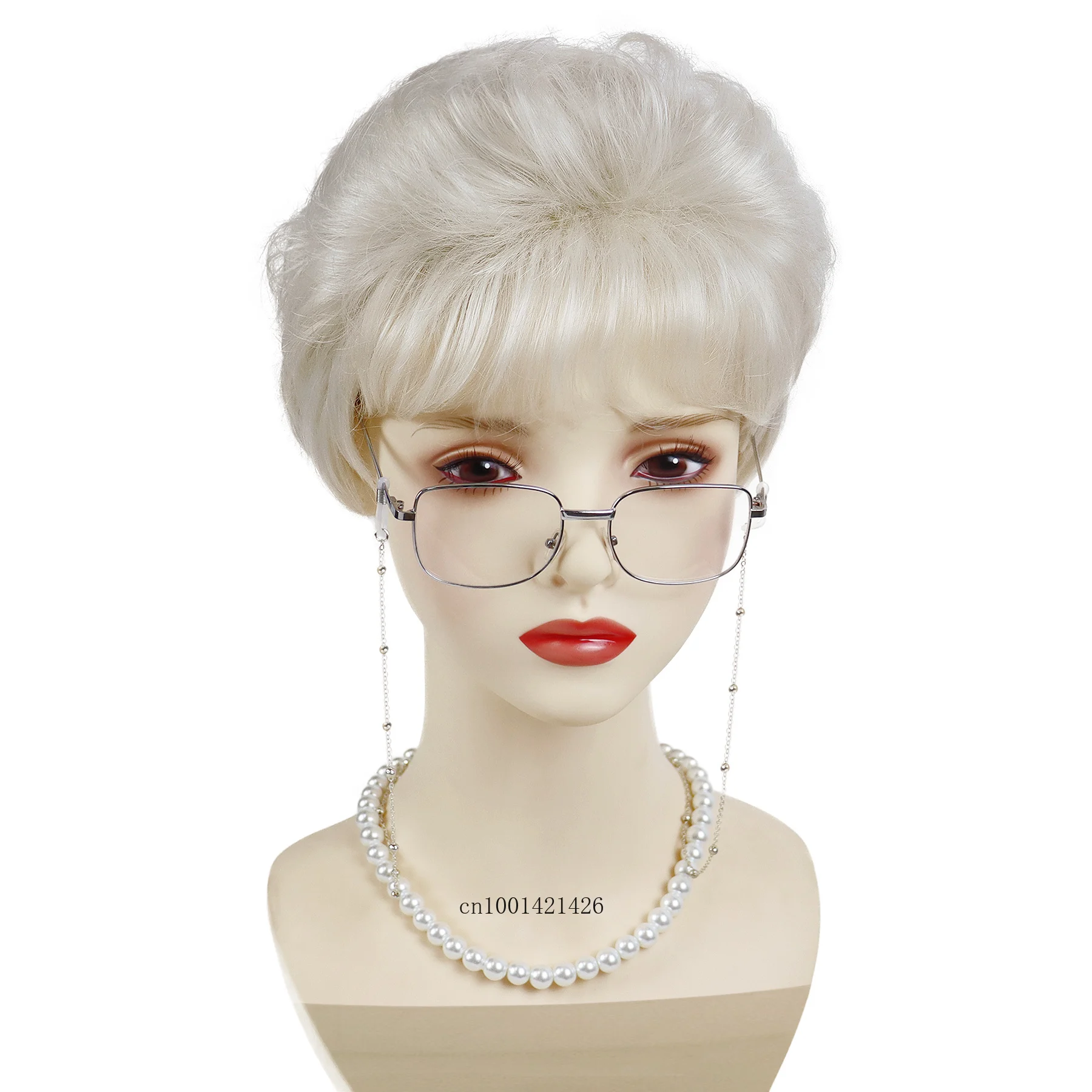 

Synthetic Hair Platinum Short Old Lady Wig Set Grandma Wig 100 Days of School Halloween Costume Granny Mommy White Women Curly