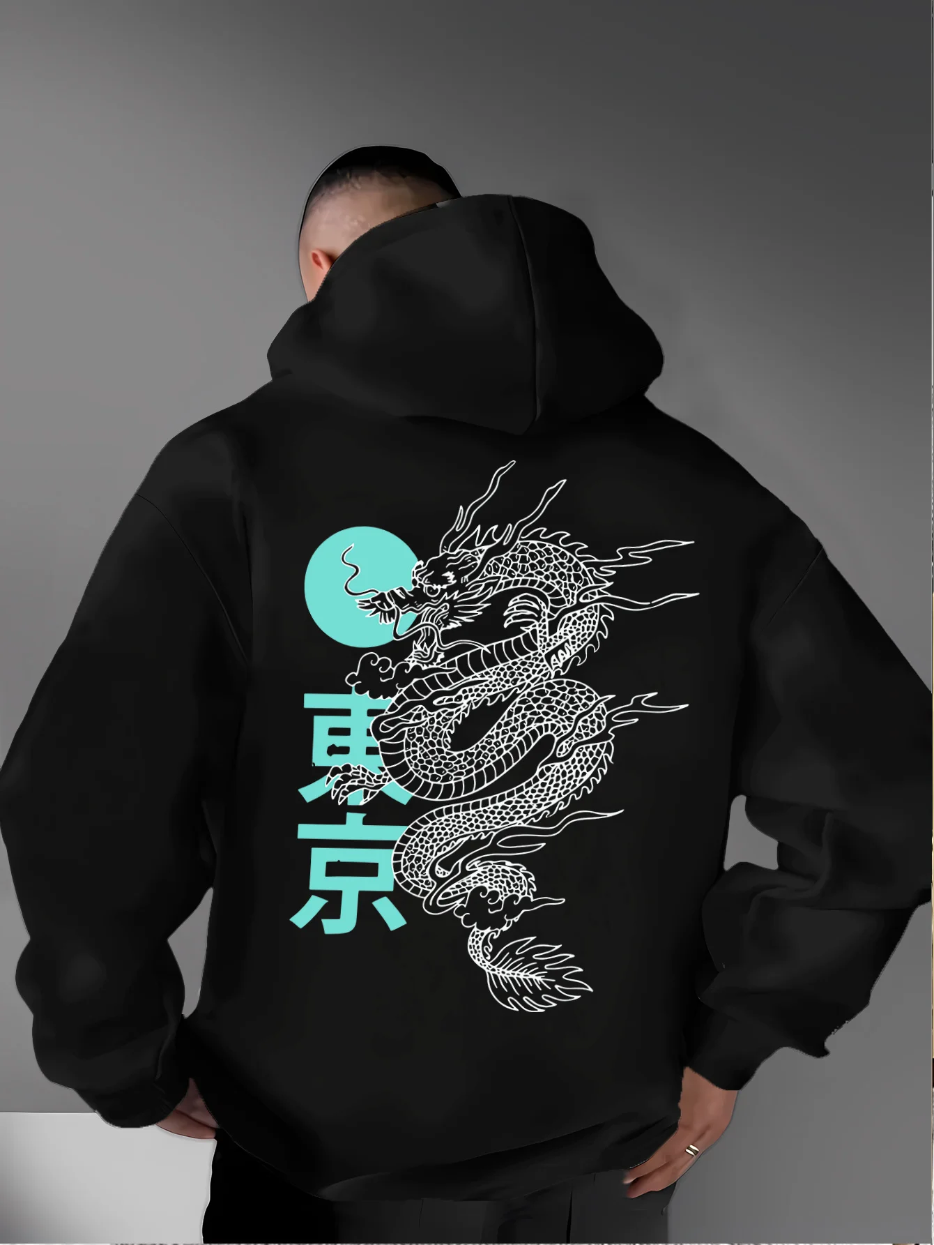 

[Tokyo Dragon Hoodie] Men's Casual Tokyo Dragon Print Hoodie - Black with Red & White Japanese Text,Regular Fit