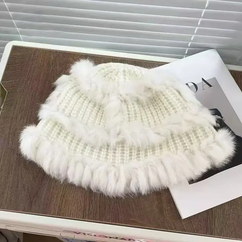 Plush bag head showing face small fur bucket hat bag face knitted hat women's autumn and winter warm wool hat cold view 5
