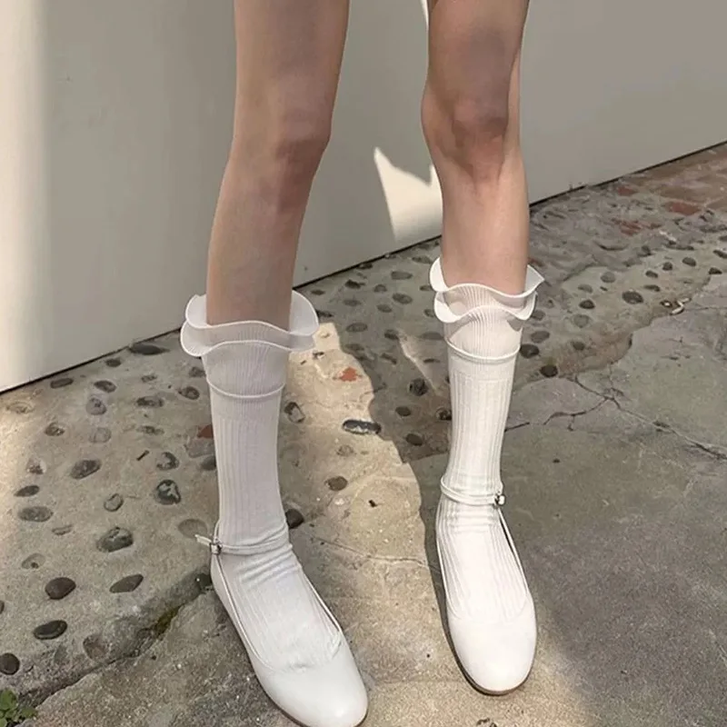Ladies' Stockings Korean Ballet Style Sweet Breath Comfortable Breathable Double Layered Edge Solid Color Versatile Cotton Socks