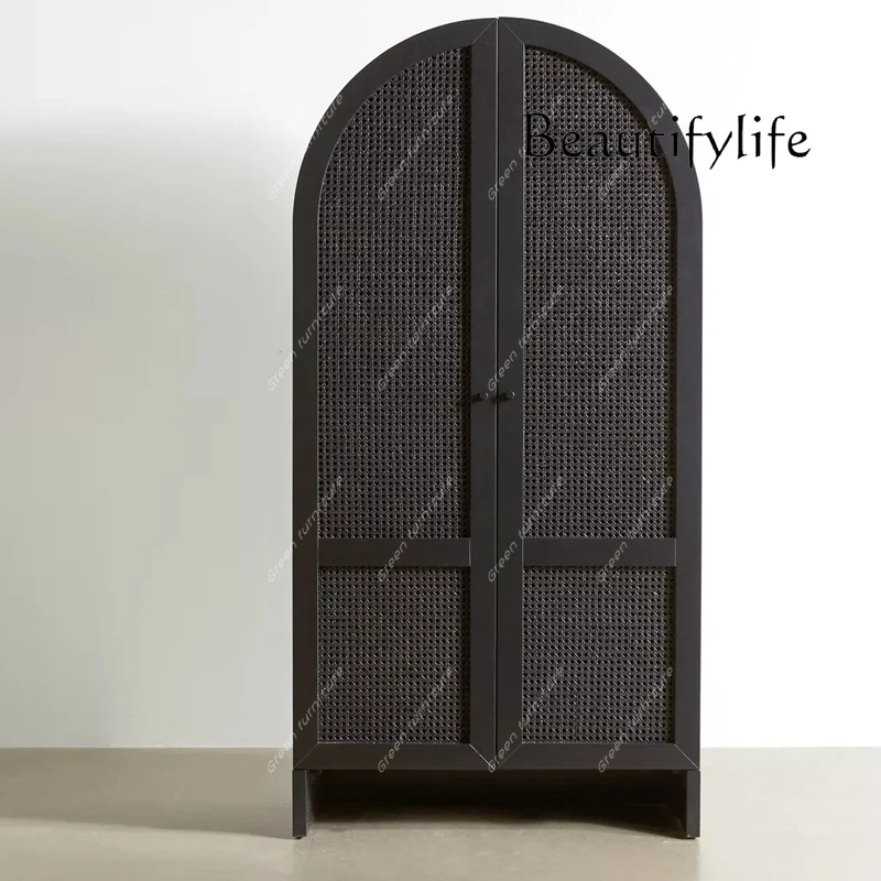 

French retro arc solid wood wardrobe American rattan medium and ancient style small apartment model room display