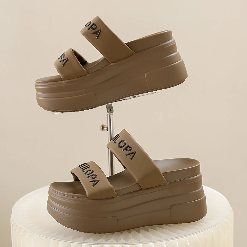 2024 Summer Women Hollow Out Beach Slippers New Ladies Wedge Heels Leather Flip-Flops Woman High Platform Outside Sandals 7CM