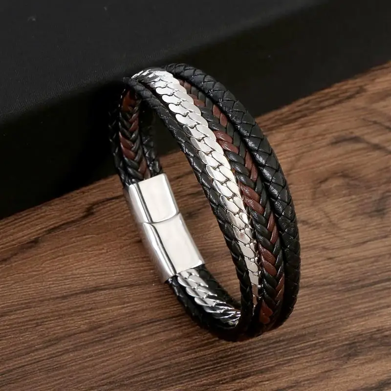 Fashion New Style Stainless Steel Men\'s Leather Bracelet Hand-woven Multi-layer Combination Accessory Classic Bracelet Big Sale