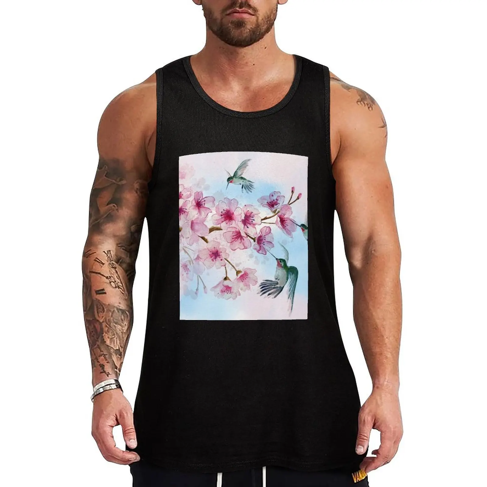 

Cherry Blossom and Hummingbirds Tank Top gym clothes men men clothing Men's tops sleeveless vest men