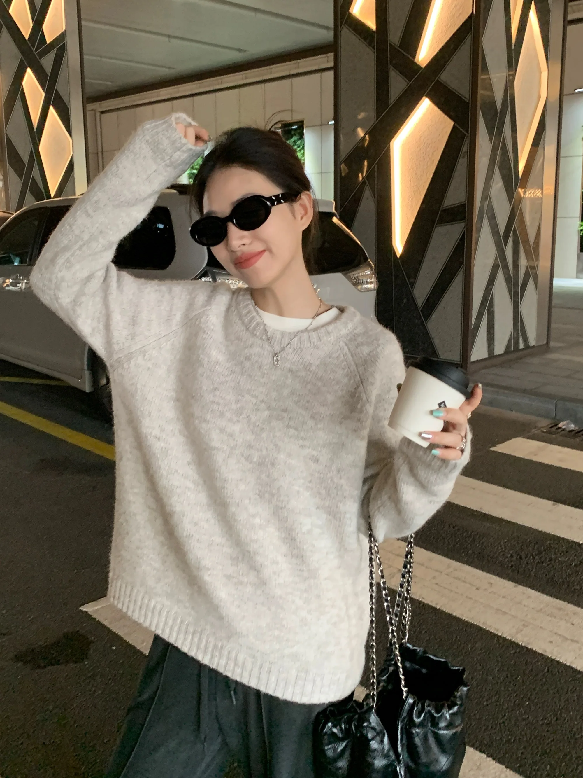 Women\'s pullover autumn/winter 100% wool sweater casual solid knitted sweater round neck loose Tops lazy style Blouse thickened