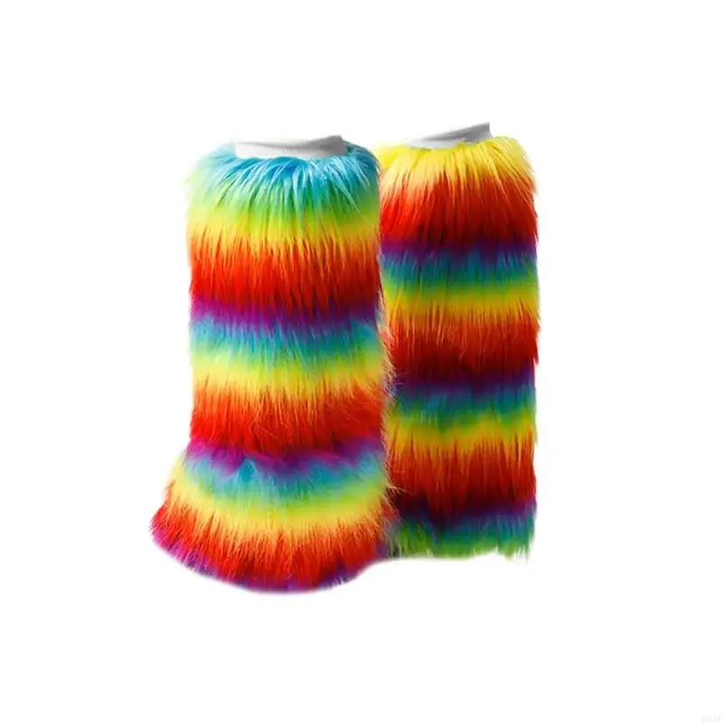 

H58E Women Japanese Rainbow Colorful Plush Leg Warmer Socks Winter Warm Fuzzy Boot Cuffs Knee Length Furry Leg Cover Sleeve