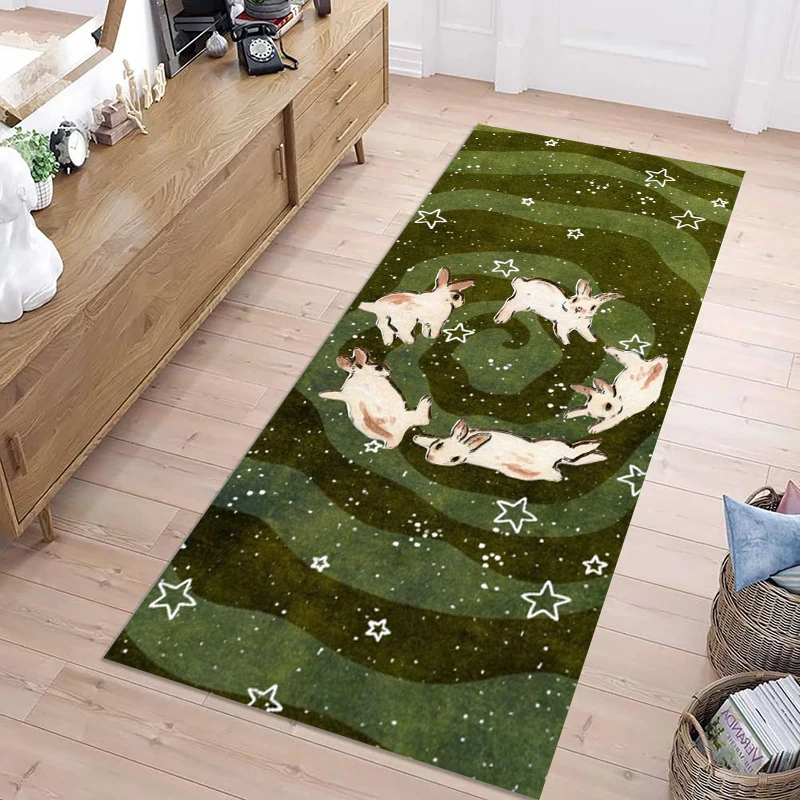 Boho Cute Cat Pattern Runner Rug Green with Stars and Paw Prints for Hallway Kitchen Entryway Anti-slip Carpet Indoor Home Decor