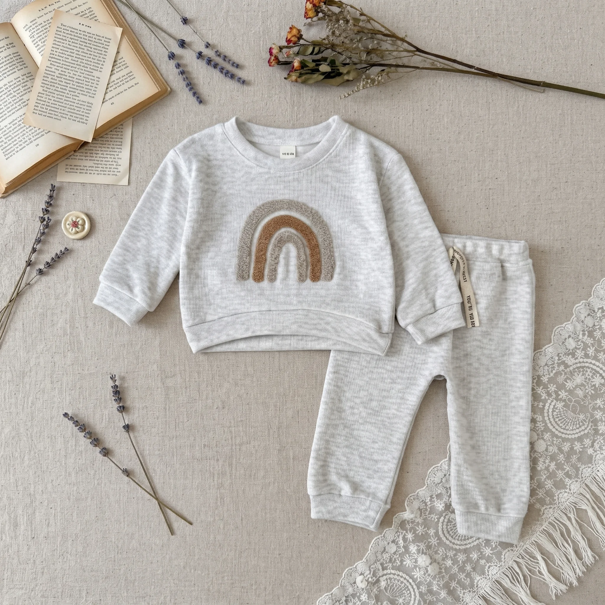 Ins Minimalist Light Gray Toddler Suit 3D Rainbow Patch Sweatshirt Cuff Pants Newborn Daily Wear Outfit