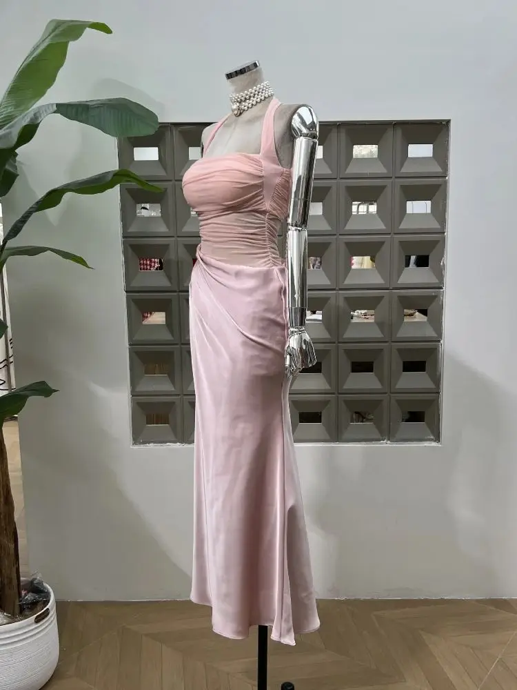 신상 여성 우아한 핑크 섹시 홀터 백리스 메쉬 시스루 파티 드레스 생일 연예인 이브닝 프롬 웨딩 드레스
