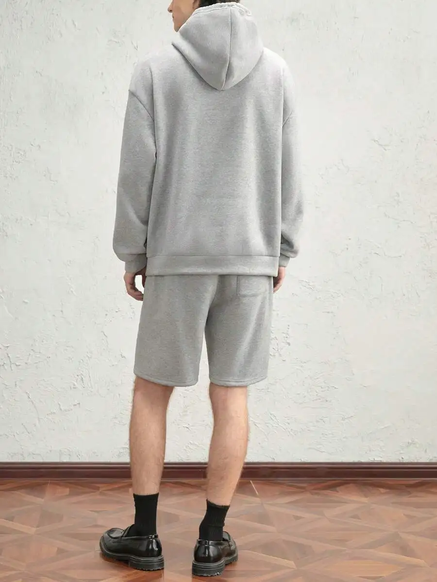 Conjunto de Sudadera con Capucha y Pantalones Cortos Extra Grandes para Hombre, Color Gris, con Detalles en Cuero, para Otoño e Invierno