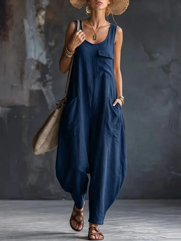 Lemongor Women Vintage Solid Color Square-Neck Jumpsuits 2026 New Loose Sleeveless Pockets Baggy Harem Vacation Casual Overalls