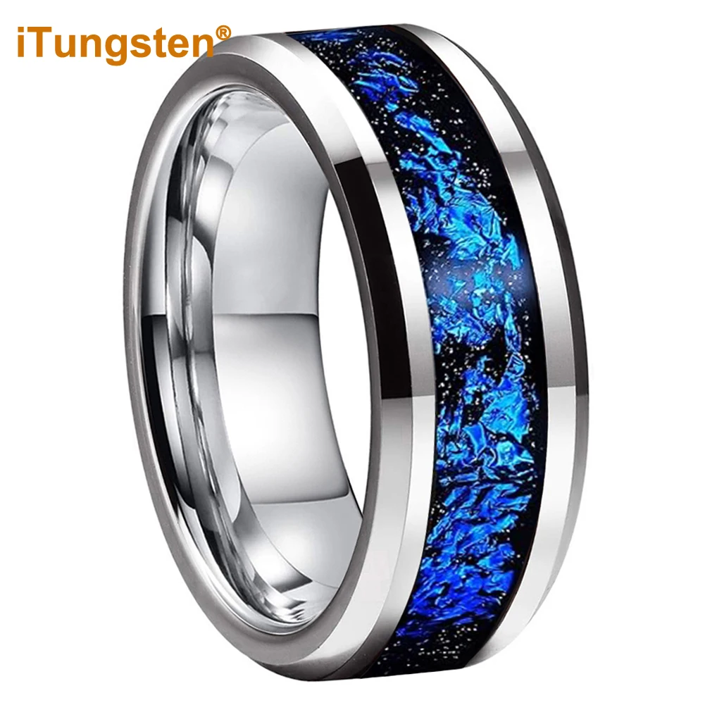 ITungsten 8mm Black/Silver Tungsten Wedding Rings for Men Women with Blue Foils Inlay Bevel Edges Polish Shiny Comfort Fit