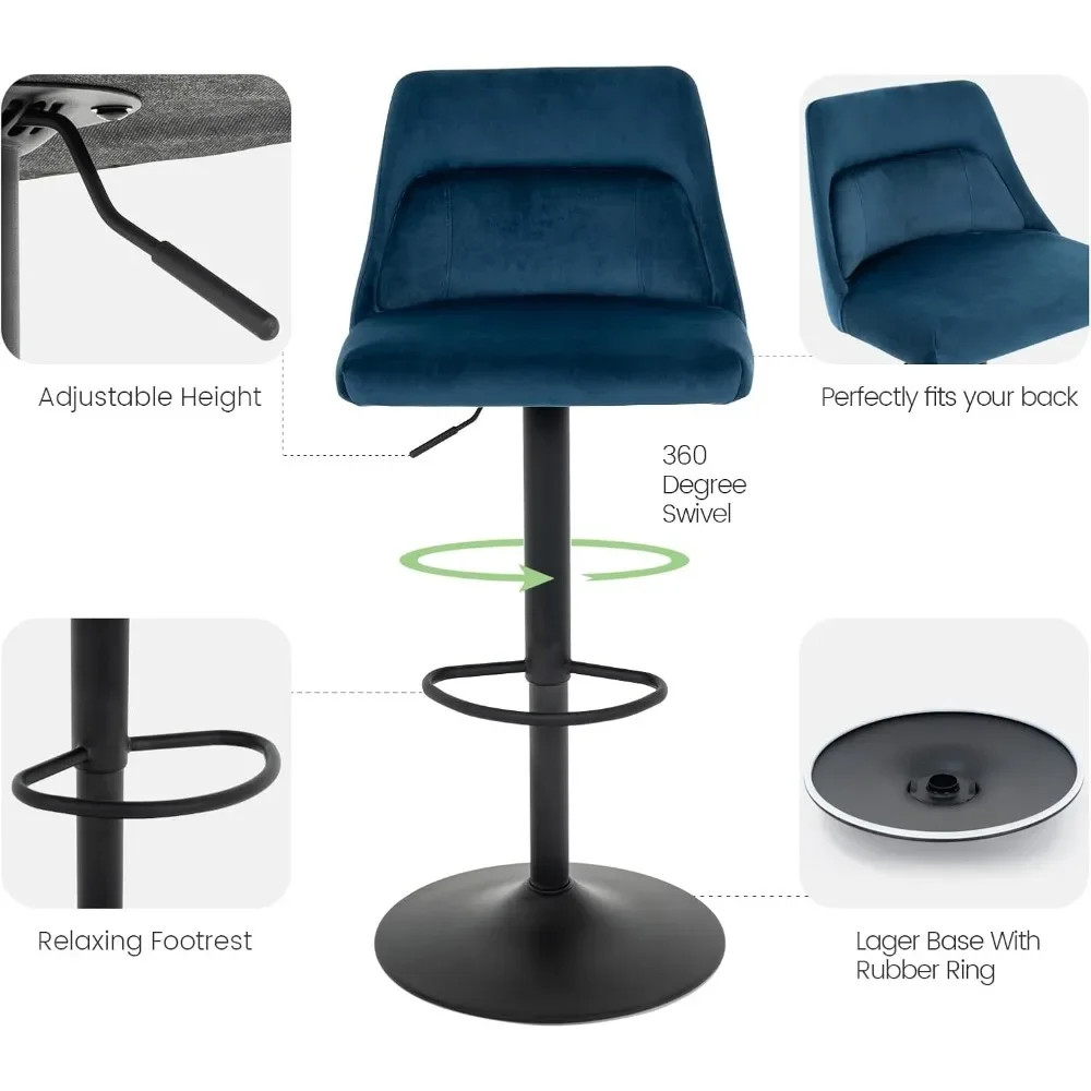 XMSJ Rotating Bar Stool, veludo amortecido, costas altas, altura do contador ajustável, moderno