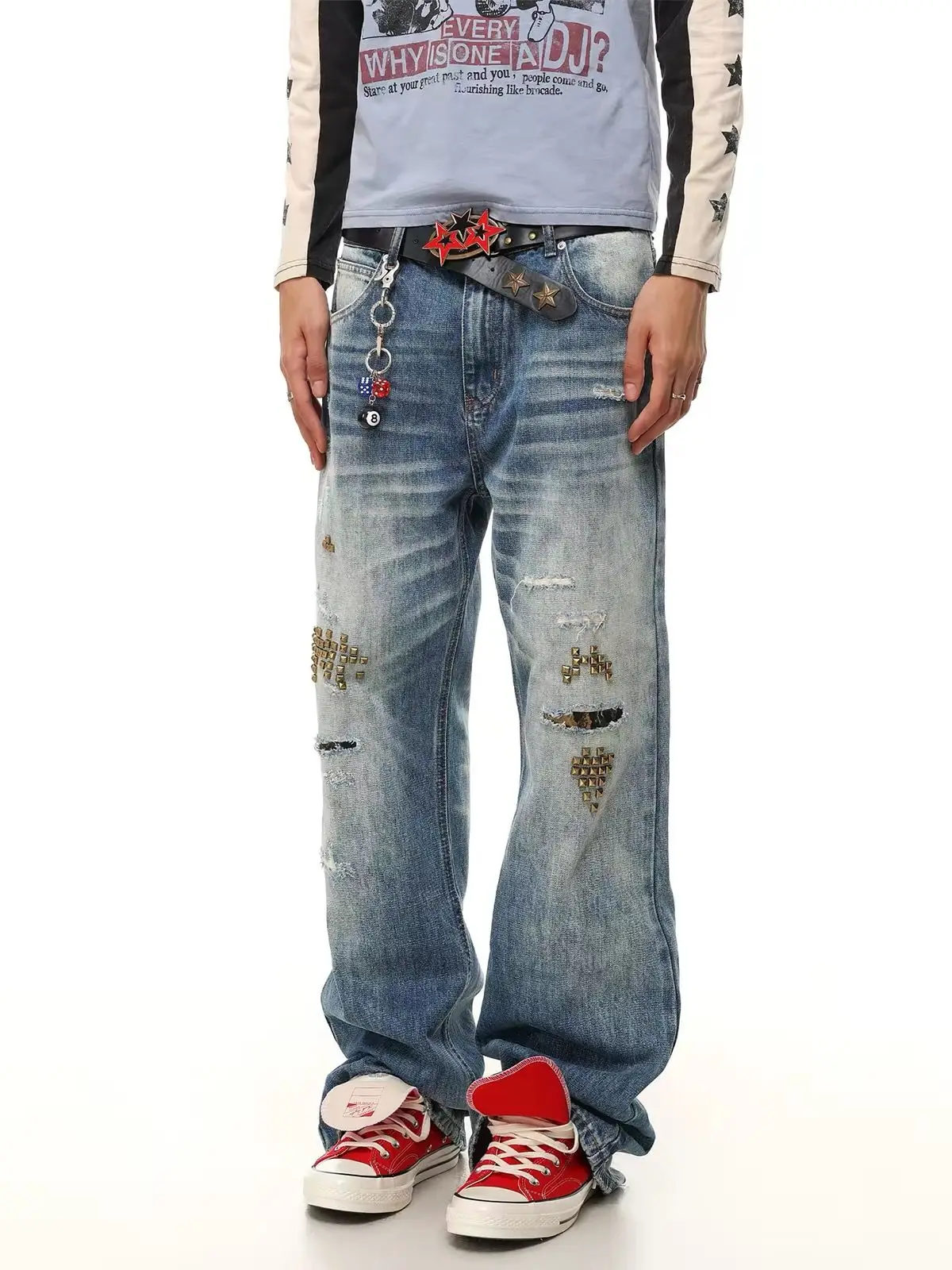 Men's Rivet Hole Leopard Print Blue Jeans Street Boys Bottom Casual Pants Wide Legs Sweatpants Male High Waist Unisex Trousers