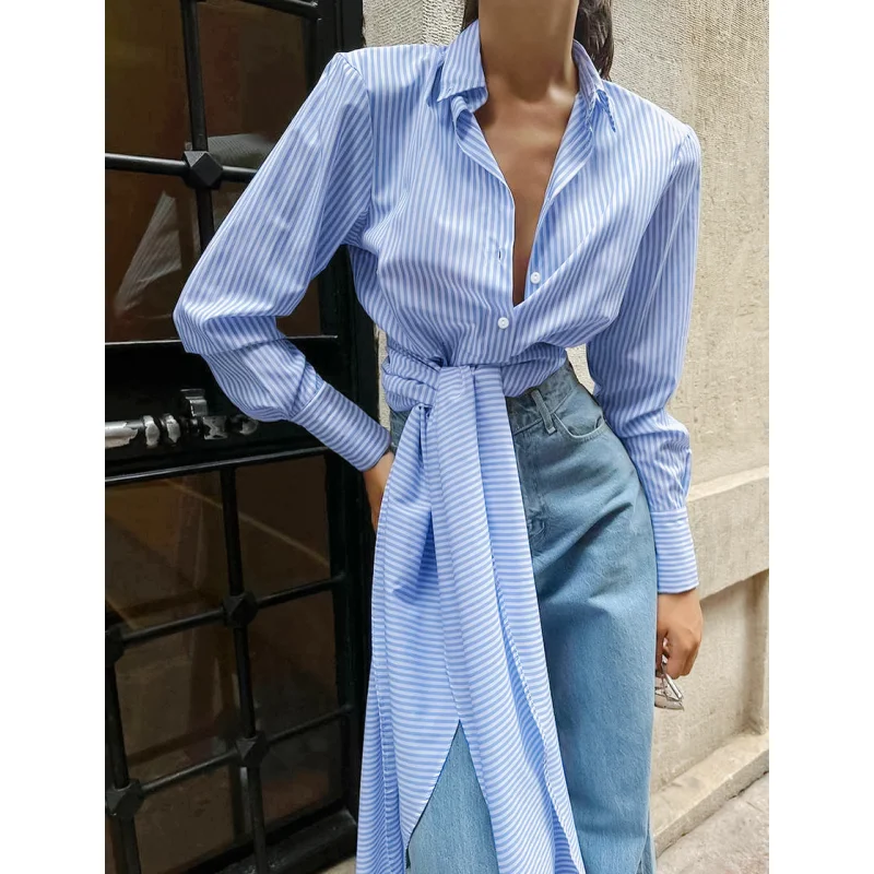 

Spring Blue Vertical Stripe Shirt Women's Blouse French Simplicity Polo Collar Long Sleeves Baggy Tops Chic Design Vintage Shirt