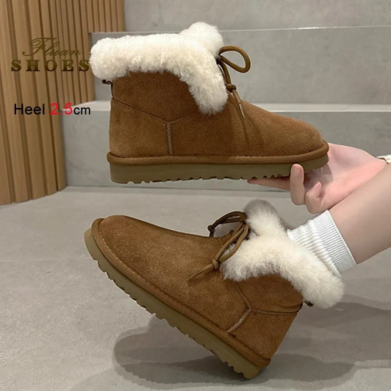 

Autumn Winter New Women's Snow Boots Lace Up Genuine Leather Casual Short Boots Lamb wool Warm Cotton Shoes Fashion Ankle Boots
